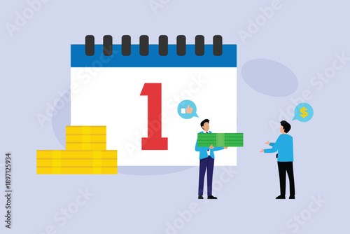 Business salary payday concept with calendar money and employees 2d flat vector illustration