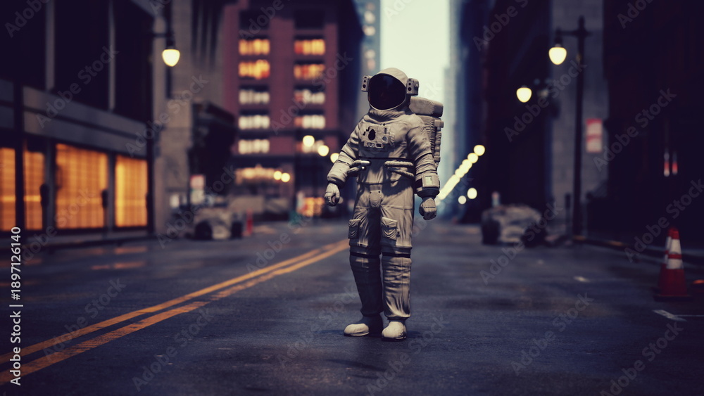 Naklejka premium In a deserted city street, an astronaut stands confidently under streetlights, gazing at the surrounding buildings as twilight descends, creating an eerie yet captivating atmosphere.