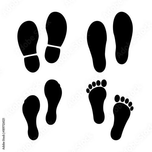 Diverse black footprints and shoe prints on white background symbolizing movement and trace