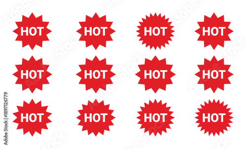 Twelve red hot label sticker vector shape design set isolated on transparent background