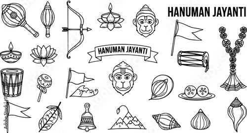Hanuman Jayanti Hindu Festival Black  White Line Art Icons Set. Hand-drawn outline symbols, cultural elements, and religious objects for Indian celebration.