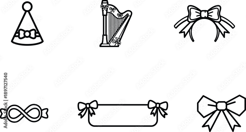 Fototapeta premium Line art illustrations of bows and ribbons with party hat and harp