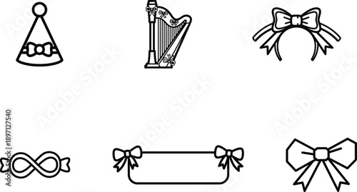 Line art illustrations of bows and ribbons with party hat and harp