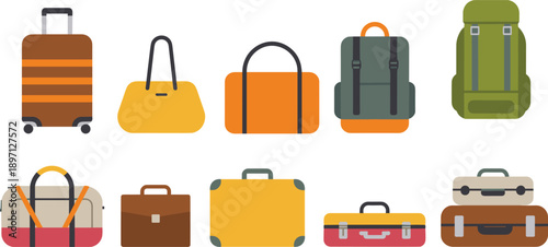Travel luggage bags set suitcase backpack duffel handbag collection flat vector illustration isolated tourism accessories design