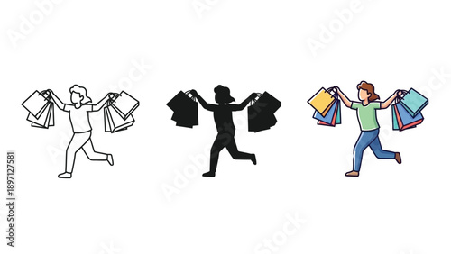 Woman running with many shopping bags, happy customer after successful purchases, vector illustration in different styles outline, silhouette, and color