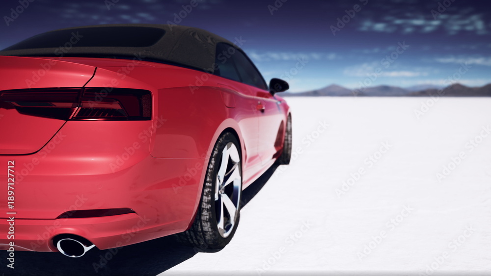 Naklejka premium A striking red convertible stands alone on a vast, white salt flat. The sun shines brightly above, creating a stunning contrast with the rich colors of the car and the blue sky.