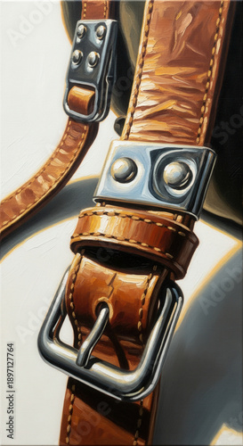 Detailed close-up of a fall arrest harness with polished metal buckles and brown leather straps, isolated on a clean white background