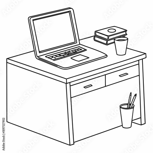 Laptop on Desk Line Art Illustration