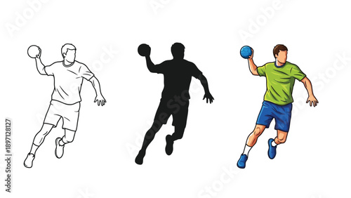 Handball player throwing a ball, set of three variations outline sketch, silhouette, and full color illustration of athlete in action