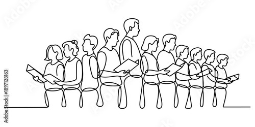 Continuous line drawing of a diverse group of people singing in a choir performance Vector, illustration