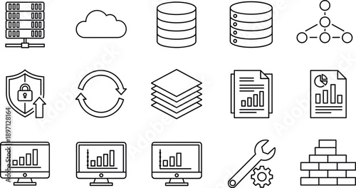technology, icons, data, server, cloud, database, security, analytics, dashboard, document, network, system, update, storage, monitor, settings, 