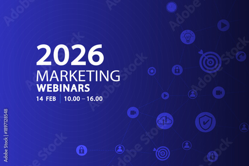 Marketing webinars background for seminar banner and digital event presentation. Blue network nodes design for workshop flyer, technology poster, and modern corporate backdrop template with copy space