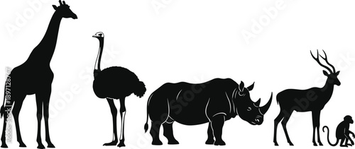 Wild animals silhouettes set vector giraffe ostrich rhinoceros deer monkey wildlife safari collection black isolated illustration