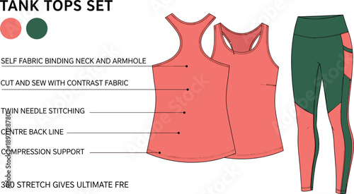 Women tank top and leggings sportswear set illustration, fitness gym outfit apparel design activewear clothing technical fashion vector template