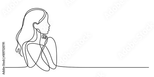 An elegant continuous line drawing capturing a woman in profile with a pensive expression Vector, illustration