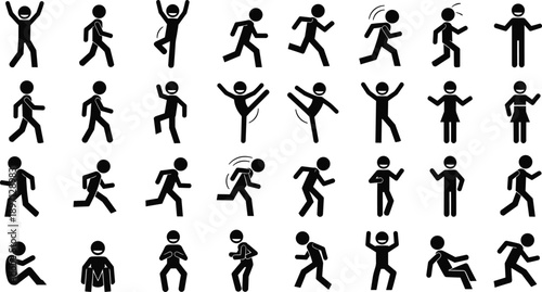 Stick Figure People Activity Icons Set Showing Walking Running Jumping Sitting Standing Dancing Human Pictogram Silhouette Actions Collection Isolated On White Background