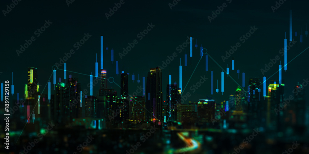 Naklejka premium Digital Financial Analytics Displayed over Night City Skyline.