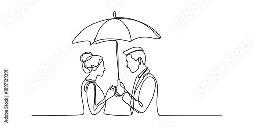 Continuous line drawing of a loving couple sharing an umbrella on a rainy day Vector, illustration