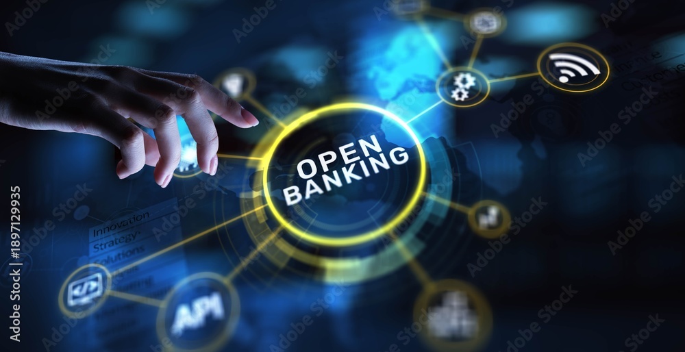 Fototapeta premium Open Banking Enabling Secure Financial Transactions and Data Sharing, projection on a virtual screen, Business and Technology Concept.