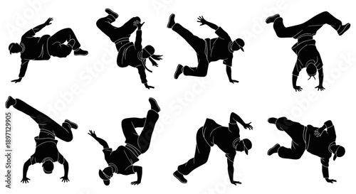 dynamic black silhouettes of breakdancers performing various powerful acrobatic moves showcasing street dance hip hop culture and athletic skill.