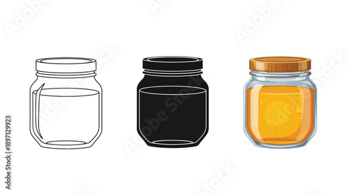 Set of three honey jars in different styles outline, silhouette, and full color illustration with honey inside