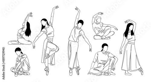 line art of diverse dancers performing graceful ballet and contemporary poses ideal for concepts of movement art and flexibility.