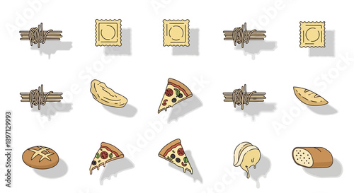clean graphic illustrations of diverse italian food items spaghetti ravioli pizza gnocchi and bread ideal for culinary design projects.