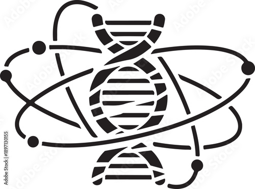 Abstract atom structure science symbol dna molecule spiral helix with orbiting electrons on atomic nucleus nucleus research concept