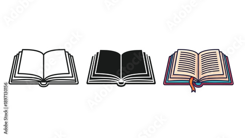 Set of three open books icons, outline, solid fill, and color illustration, representing knowledge, reading, and education concepts