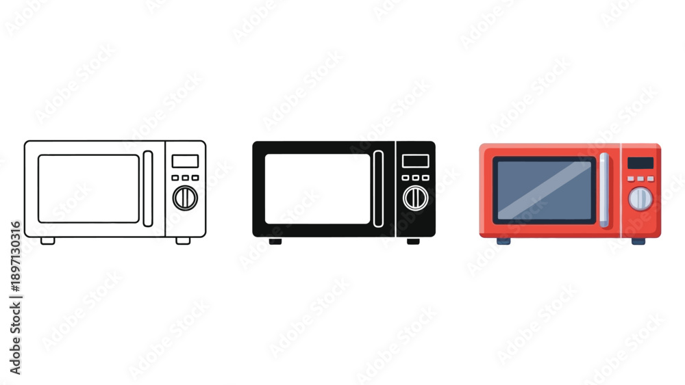Fototapeta premium Set of three microwave oven icons or illustrations outline, solid black, and colored, representing kitchen appliance for heating food