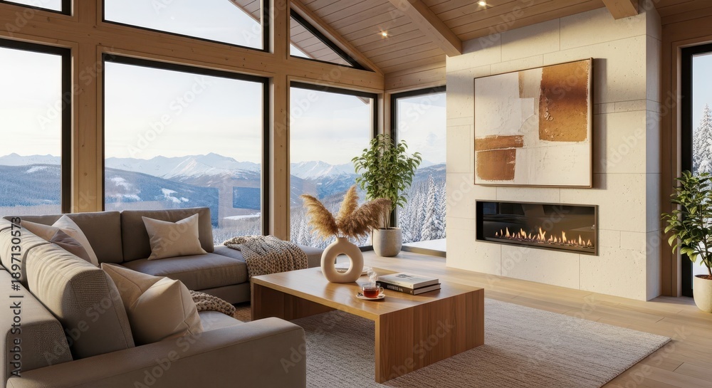 Fototapeta premium Luxurious contemporary living space features floor to ceiling windows showcasing a snowy mountain landscape