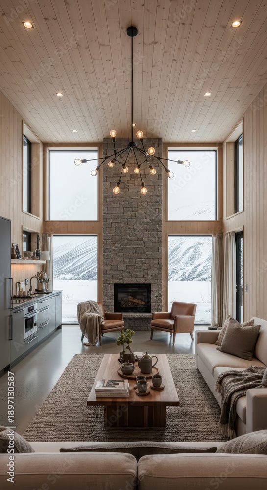 Fototapeta premium Modern mountain retreat features vaulted wooden ceiling and panoramic snowscape views