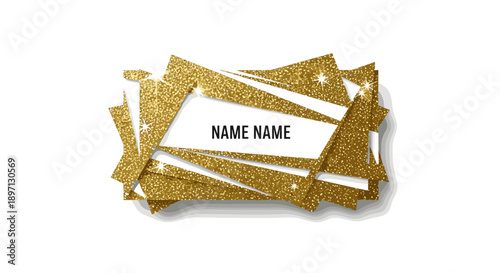 Glittered name card with sparkling gold accents isolated on a clean white background, featuring a modern and elegant design