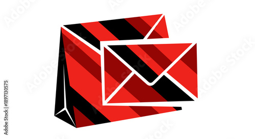 Red and black striped mailer bag and envelope isolated on a white background, featuring bold geometric patterns