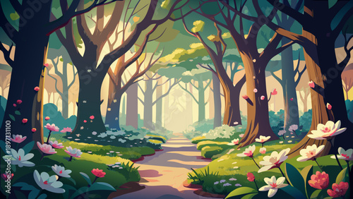 Very beautiful forest floor covered with blooming flowers and interwoven tree branches, forming a rich natural carpet that expresses spring renewal, organic textures, and woodland depth.