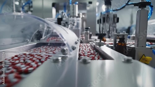 Wallpaper Mural Pharmaceutical Capsules Production Line: Red and White Pills Moving on Conveyor Belt Torontodigital.ca
