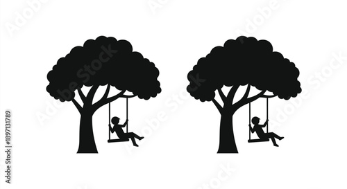 Two trees with a swing and a child minimalist style silhouette