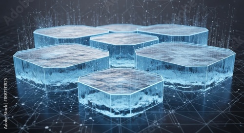 Multiple ice cubes arranged hexagonally on a dark grid surface with a futuristic ambiance and high-tech viewpoint
