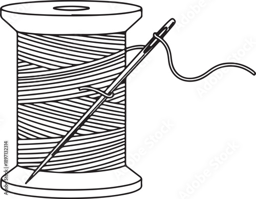 Black outline of a sewing spool with thread and needle, representing crafts, tailoring, and DIY projects.