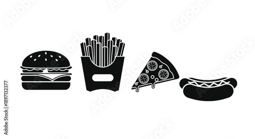 Fast food icons arranged in a row black silhouette