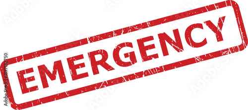 A striking red rectangular rubber stamp clearly showing the urgent word EMERGENCY on a white surface