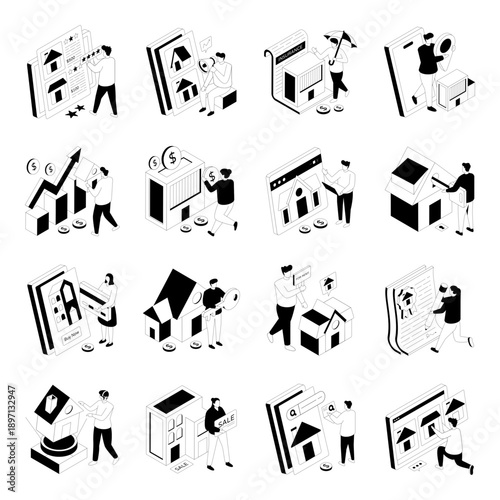Set of Real Estate Glyph Isometric Illustrations 