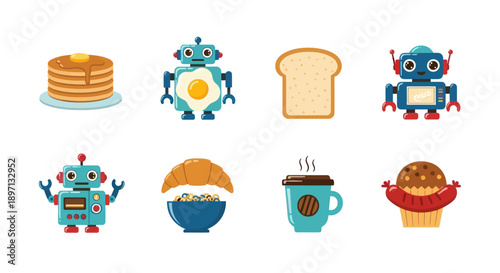 Breakfast food and robots illustrations