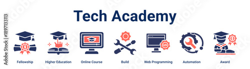 Tech Academy banner web icon vector illustration concept for education with icon of Fellowship, Higher Education, Online Course, Build, Web Programming, Automation.
