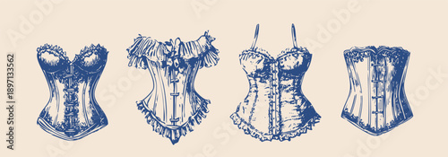 vintage rococo fashion illustrations, hand drawn engraving style, antique women's garments, corsets, blouses