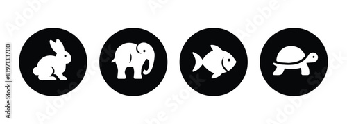 Minimalist Animal Icon Set with Rabbit, Elephant, Fish, and Turtle White Silhouettes in Black Circles for Wildlife Branding and Nature Web UI Design isolated on white