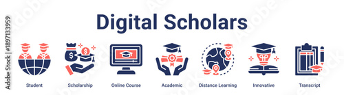 Digital Scholars banner web icon vector illustration concept for education with icon of Student, Scholarship, Online Course, Academic, Distance Learning, Innovative.