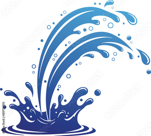 Dynamic blue water splash with droplets and bubbles erupting from surface, representing fluid motion and refreshment, isolated on checkered background