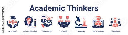 Academic Thinkers banner web icon vector illustration concept for education with icon of Academic, Creative Thinking, Scholarship, Student, Laboratory, Online Learning.
