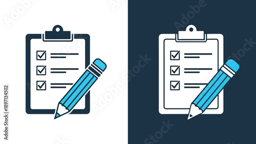 Clipboard with checklist and pencil - Line and glyph solid icon and logo template - Vector icon symbol for website - Icon vector - Blue icon vector. Clipart. Icon